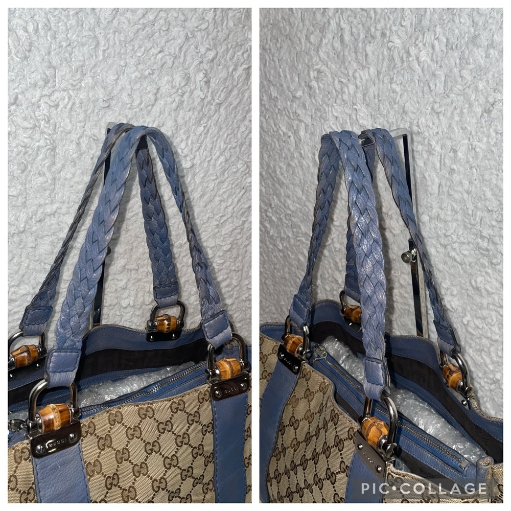 Gucci Guccissima Canvas & Sapphire Blue Leather Bamboo Large Shoulder Bag Tote - Picture 5 of 17
